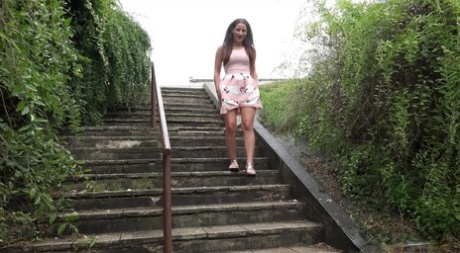 Caucasian teen Nicolette Noir pees while descending a flight of public stairs 61604291